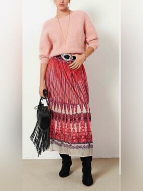 ba&sh Daris Pleated Printed Maxi Skirt Red Pink Boho Size M